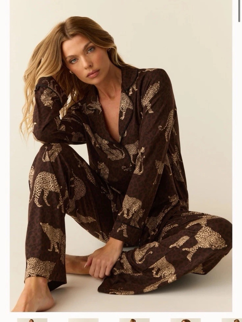 Womens Leopard Print Button-Front Pajama Set - Brown/Cream
